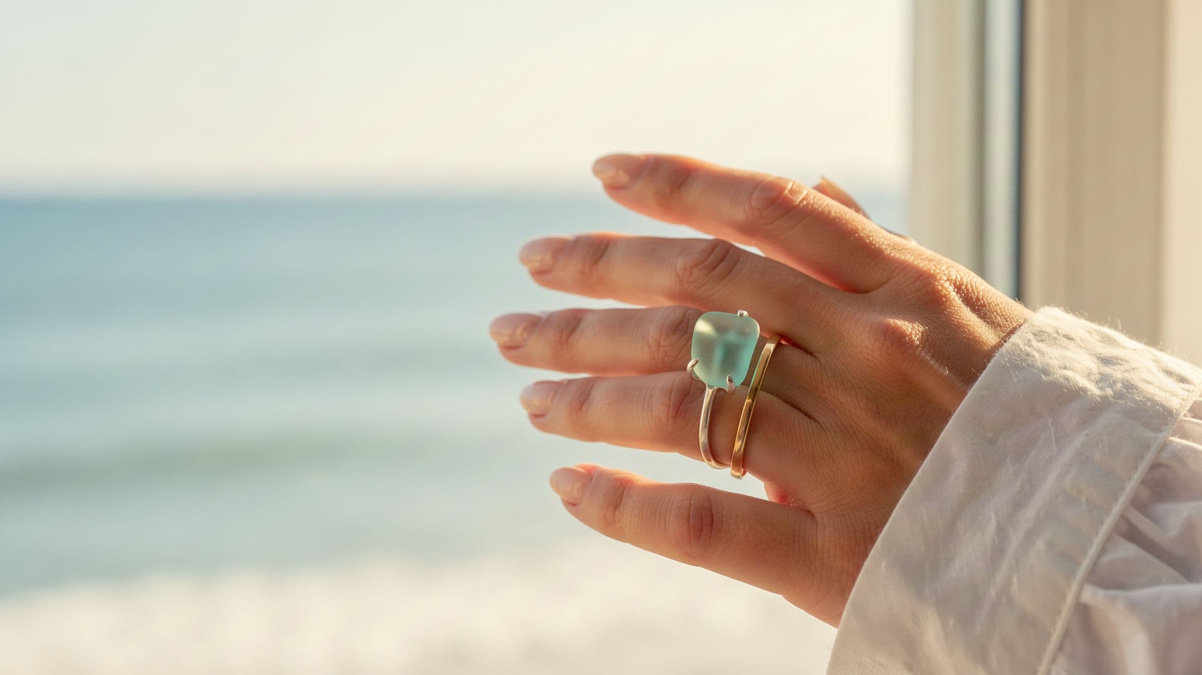 Sea glass solitaire and a gold stacking ring, worn by the sea