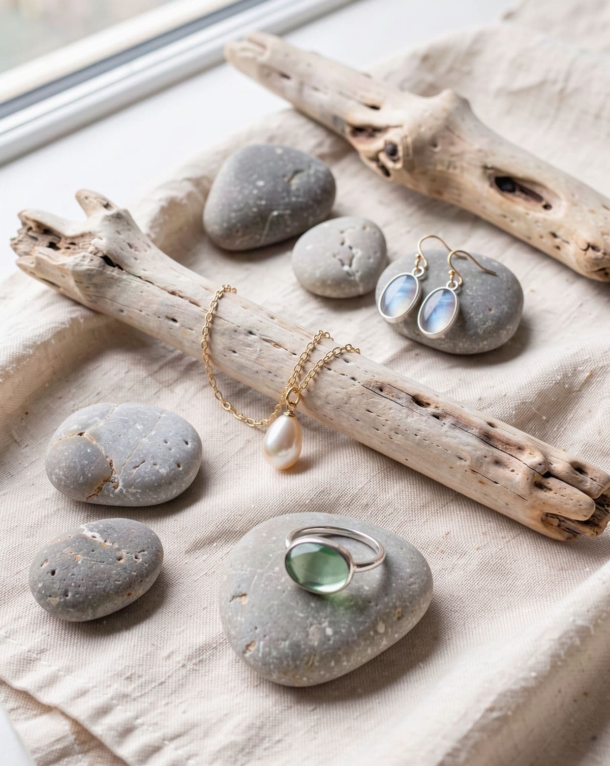 Sea glass ring, pearl pendant and moonstone drops on beach stones and driftwood
